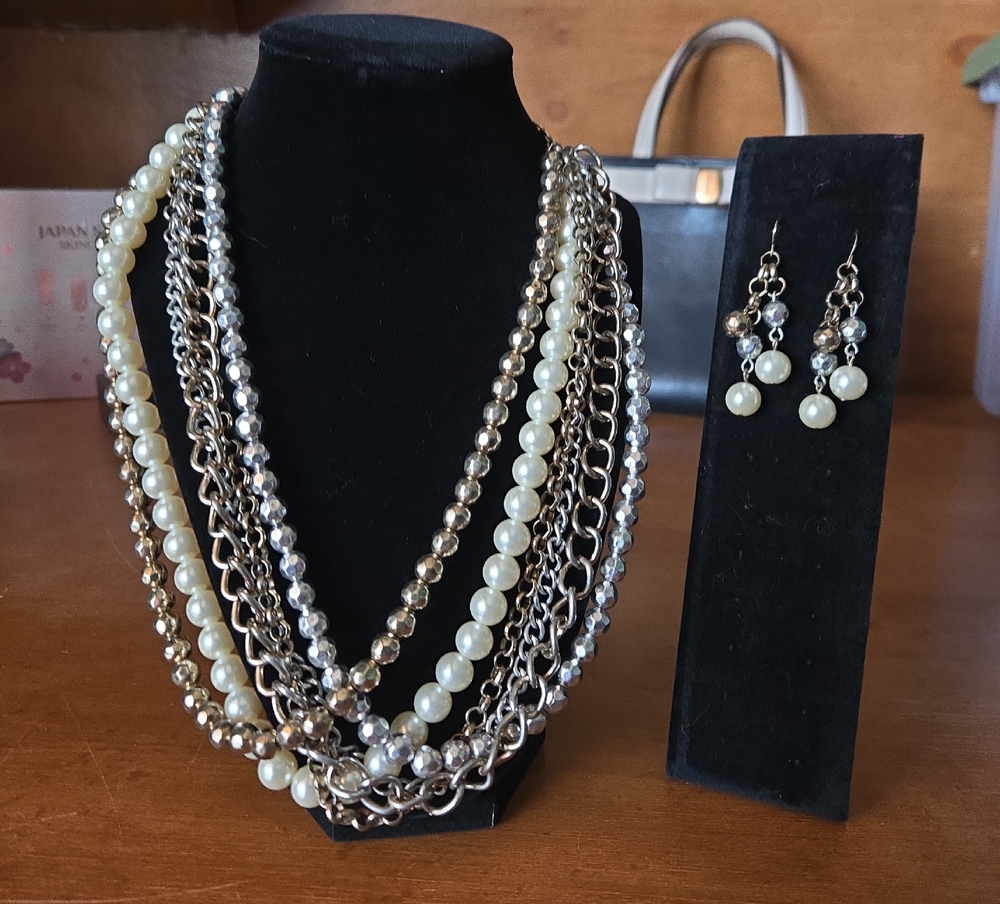 Elegant Pearl and Silver Necklace and Earring Set